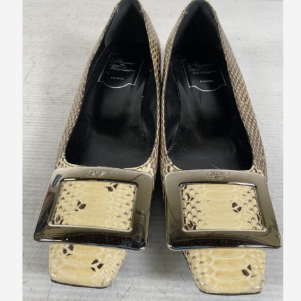 Roger Vivier Beige and Black Python Print Square Toe Flats Size 34.5